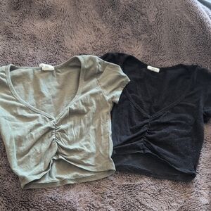 2 Stylish Women's V-Neck Ruched Tops - Black and Green Crop Tops